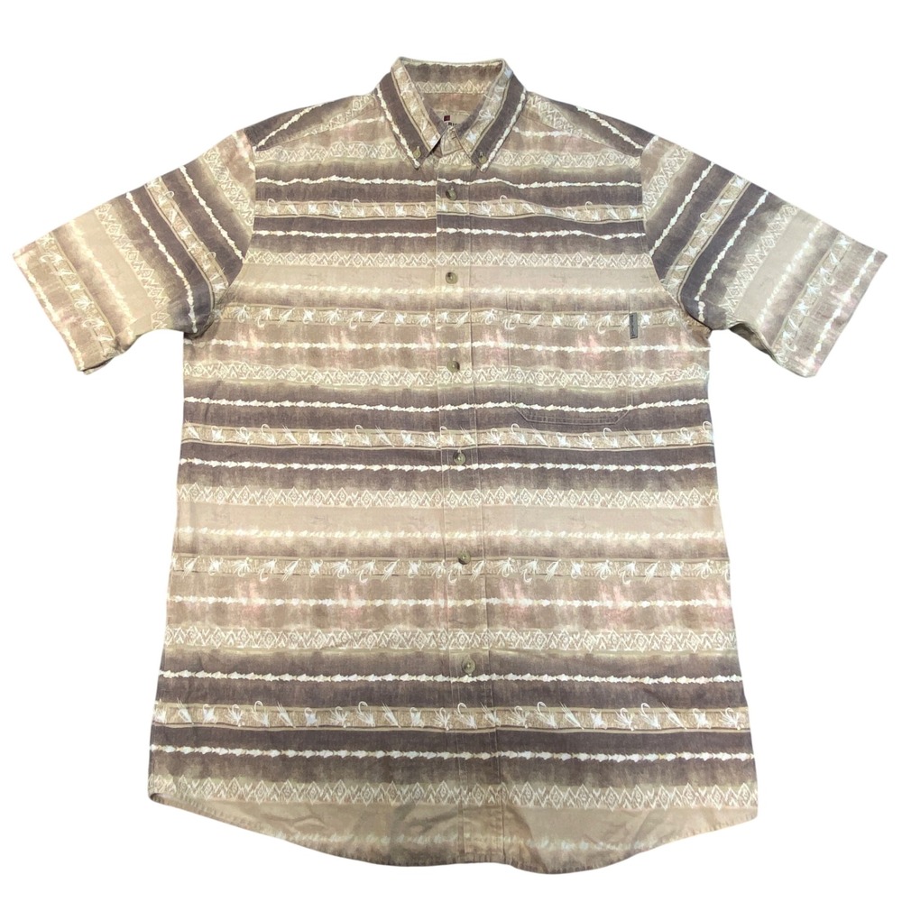 Woolrich Mens Fly Fishing Lure Stripe Button‎ Down Shirt Brown Tan Medium